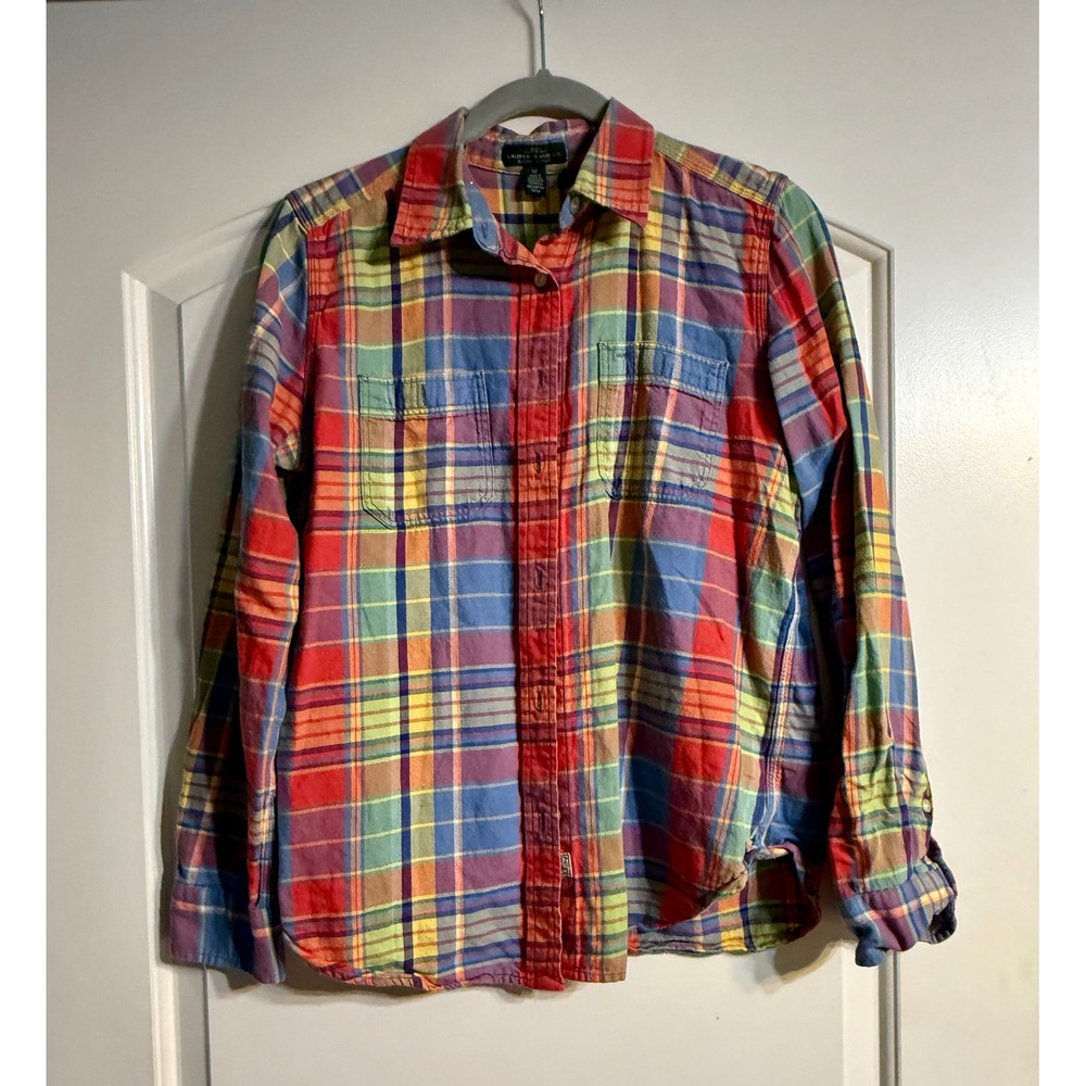 Lauren Ralph Lauren Plaid Flannel Shirt Medium Multi-Color Button Up Preppy